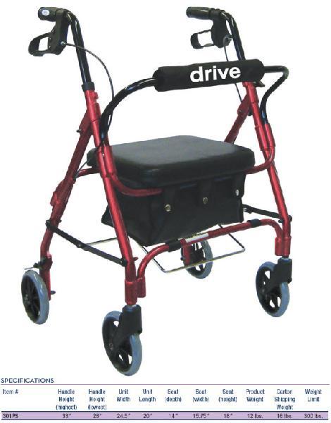 Rollator, Junior Walker with Padded Seat and Backrest Color: Red
