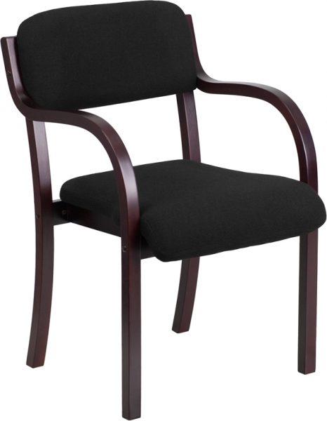 Contemporary Mahogany Wood Side Reception Chair w/ Arms Black Fabric Seat
