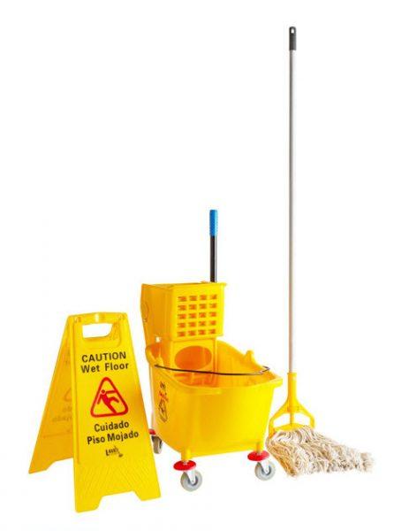 Janitorial Wet Mop Kit w/ 35qt Yellow Mop Bucket Wet Floor Sign Mop Head and Handle