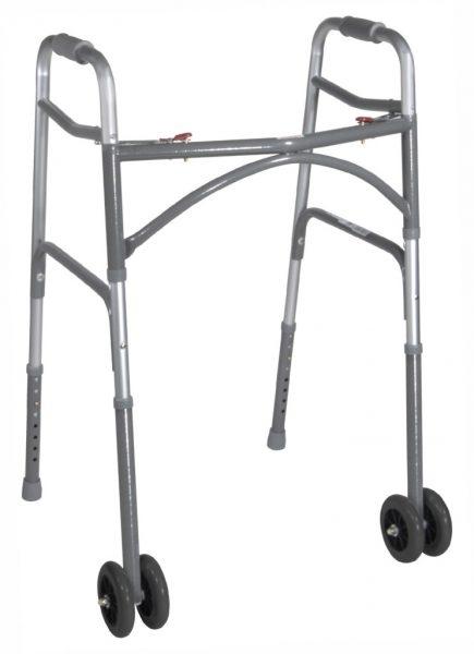Bariatric Aluminum Folding Walker Two Button Wheels 600lb Cap